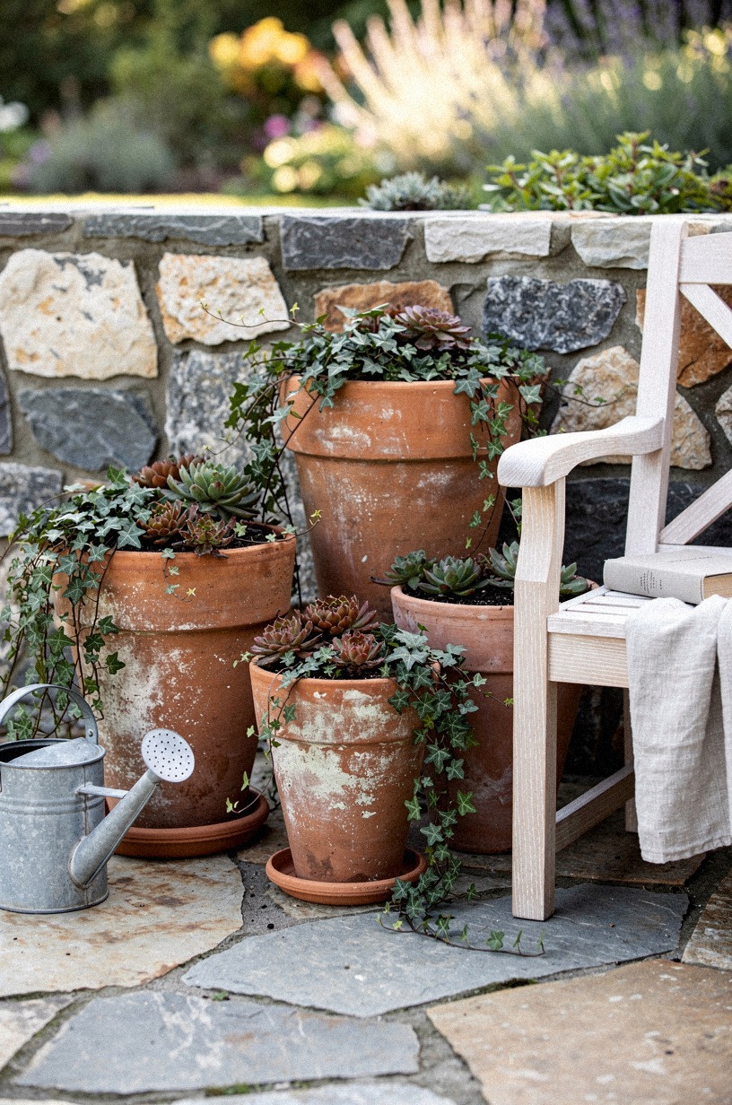 Swap plastic planters for aged terracotta in varying sizes