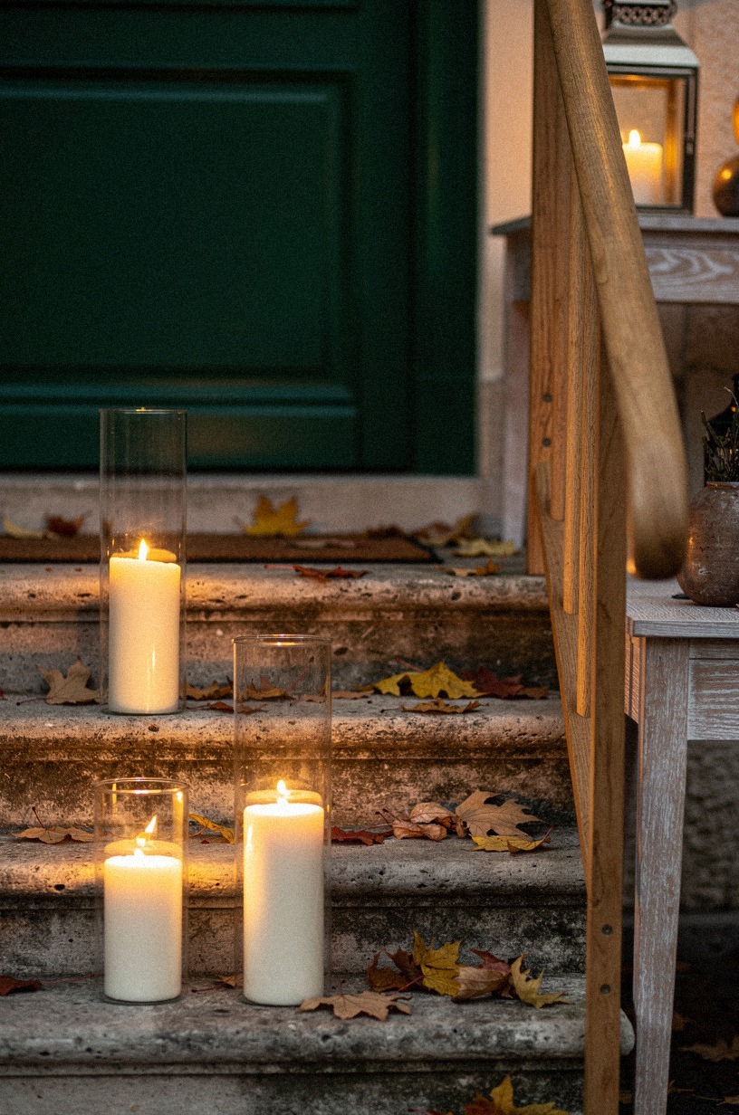 Stand a trio of hurricane candles on the stone steps