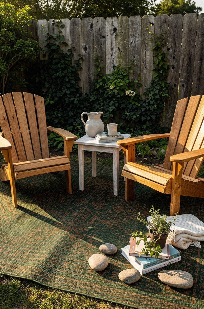 Roll out a weatherproof rug under the lounge chairs