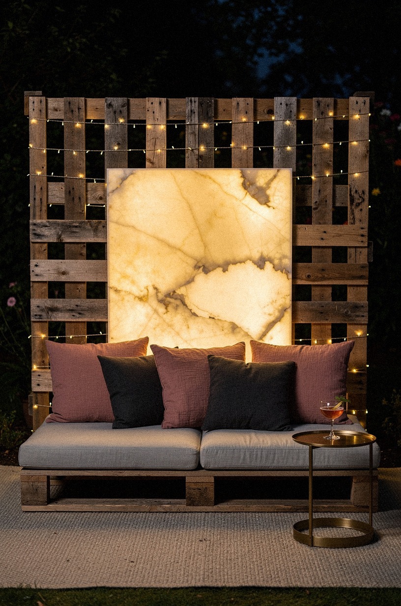Thread lights through a reclaimed wood pallet screen