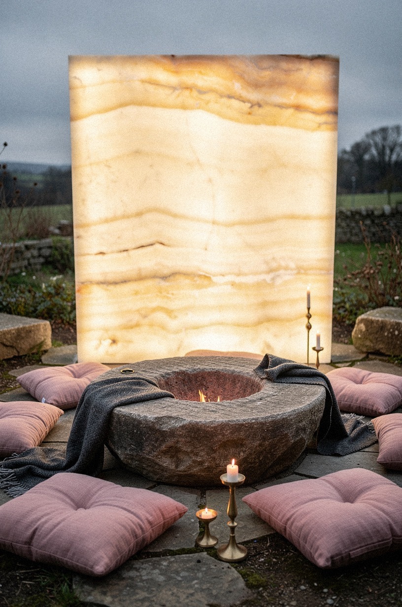 Anchor the space with a repurposed millstone as primitive hearth