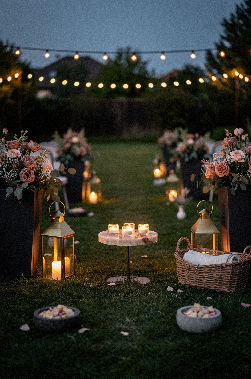 Send guests home past lantern-lit planters
