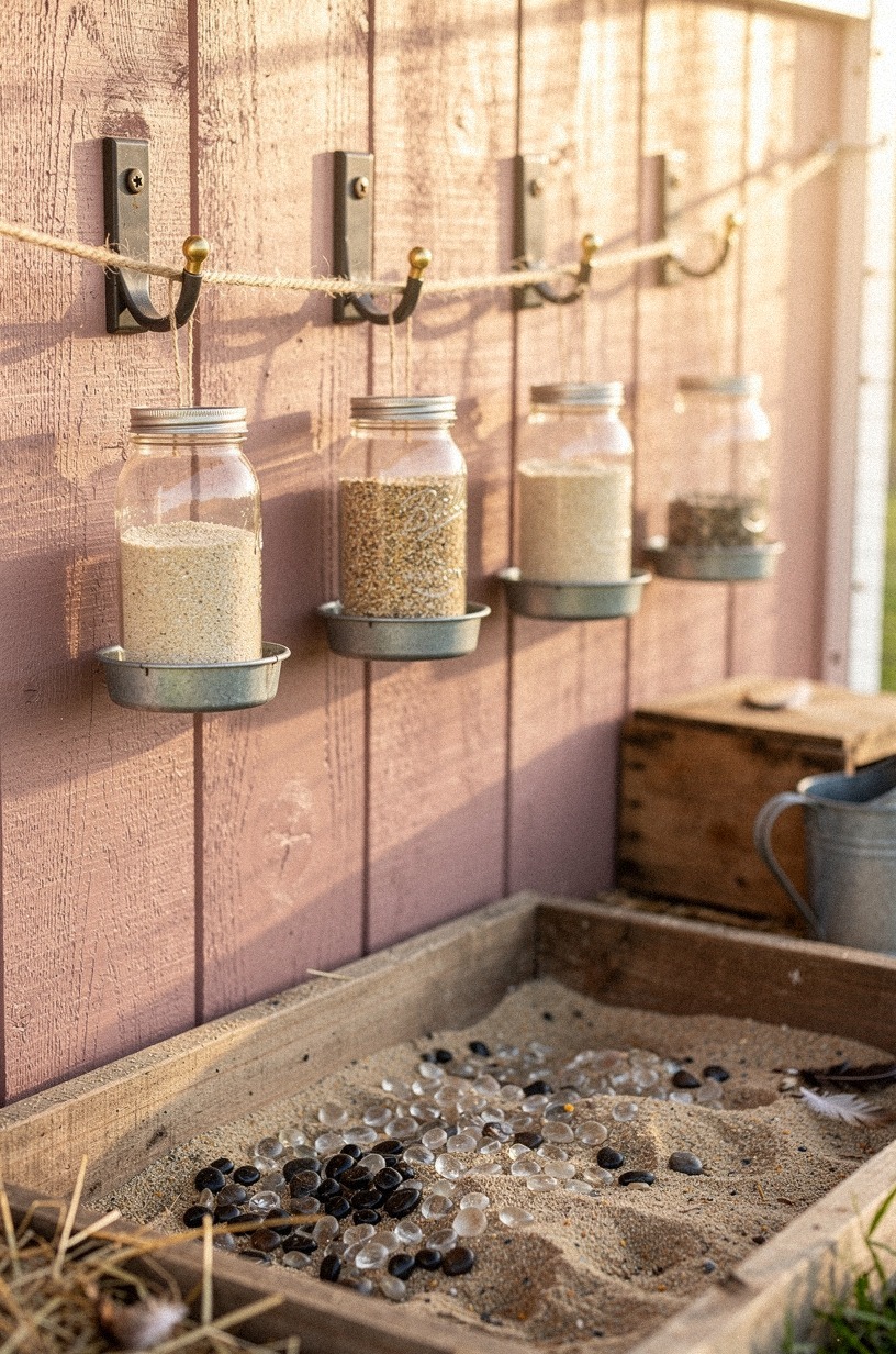 Hang mason jar feeders along a twine line for a farmhouse look