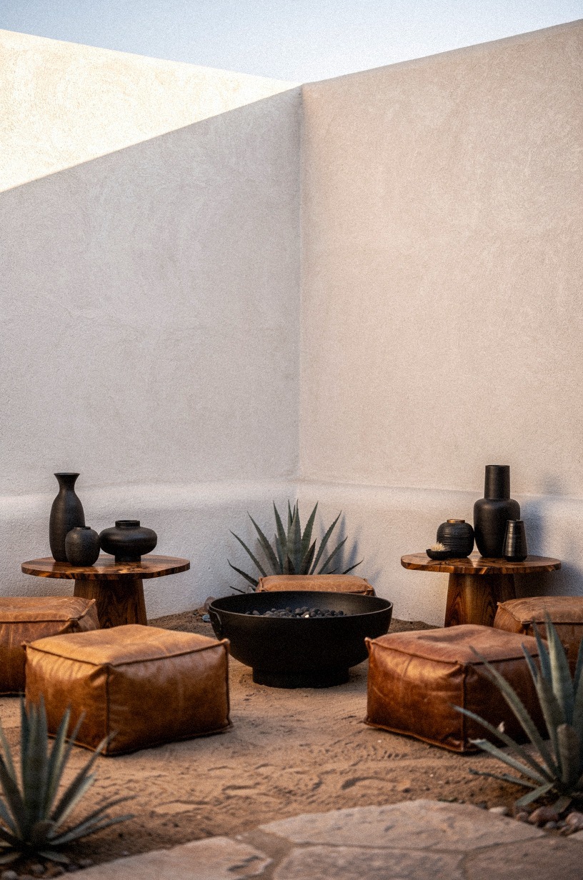 Layer adobe-style stucco walls on three sides for desert courtyard enclosure
