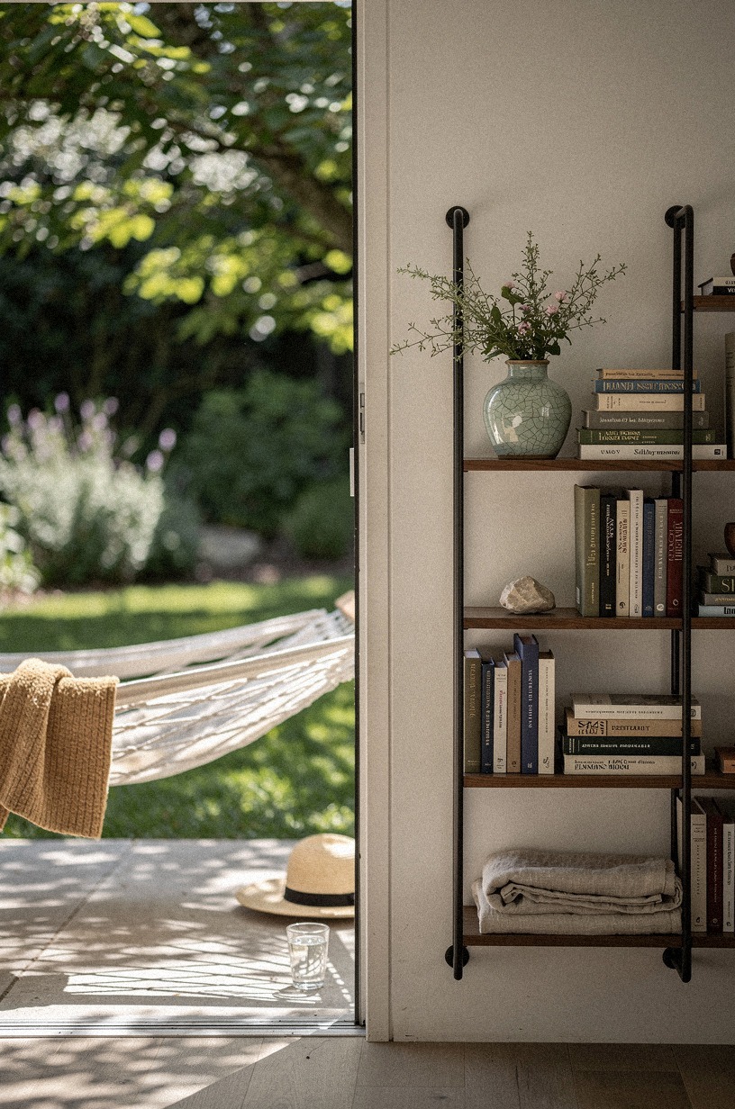 Style a hammock beside an outdoor bookshelf
