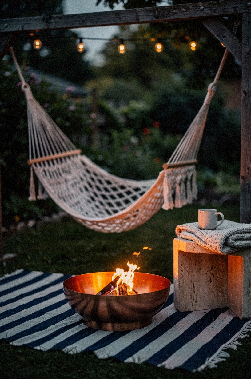 Hang a macrame hammock chair nearby for solo fire-gazing retreat