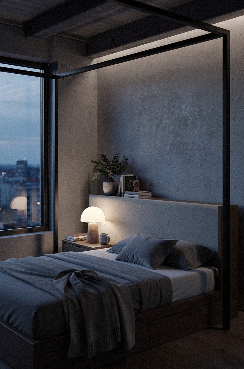 Anchor the sleep zone with a headboard that reads