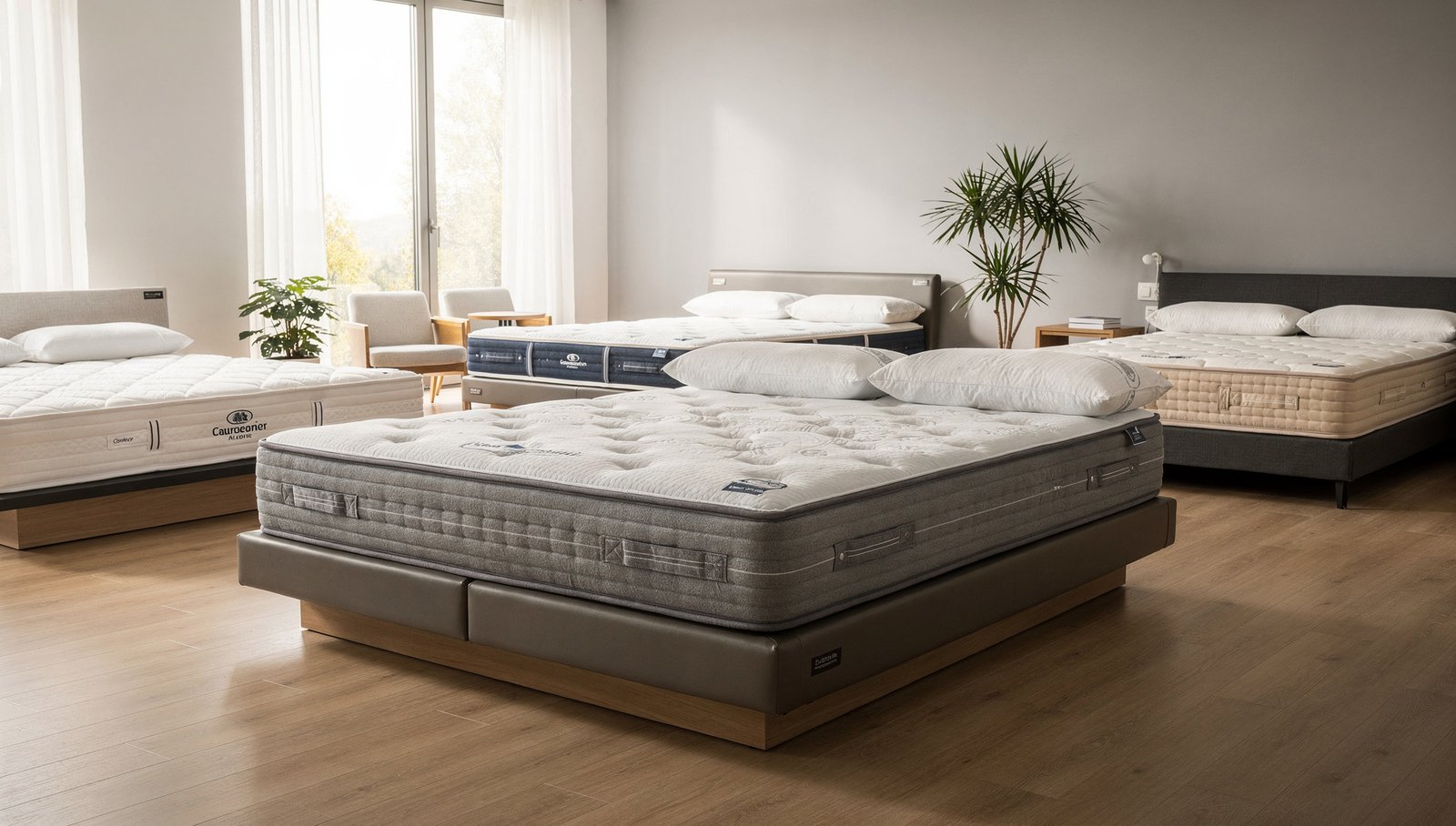 A bright mattress showroom with several different mattresses on display, different heights and feels, welcoming light