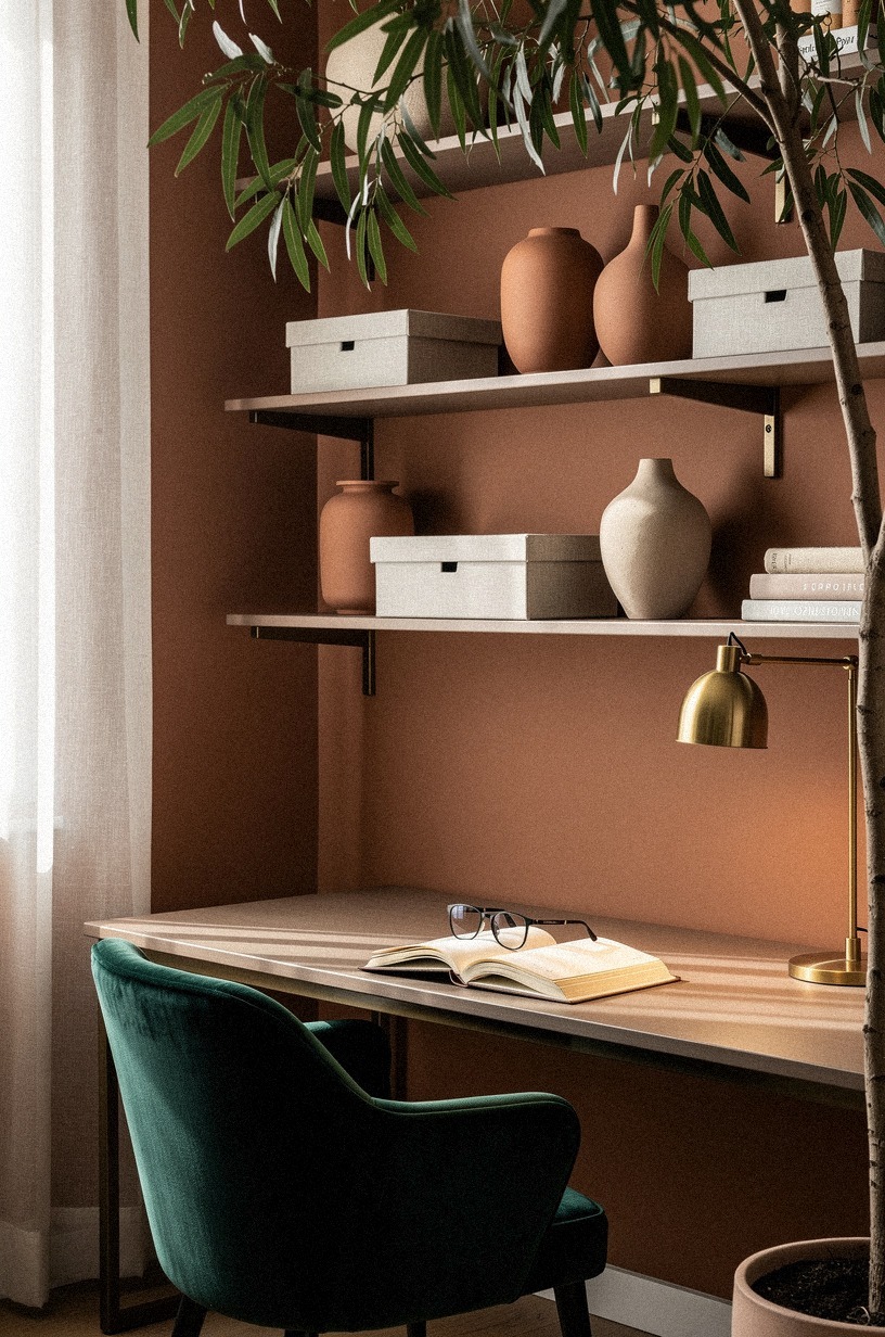 Install wall-mounted shelves at desk height