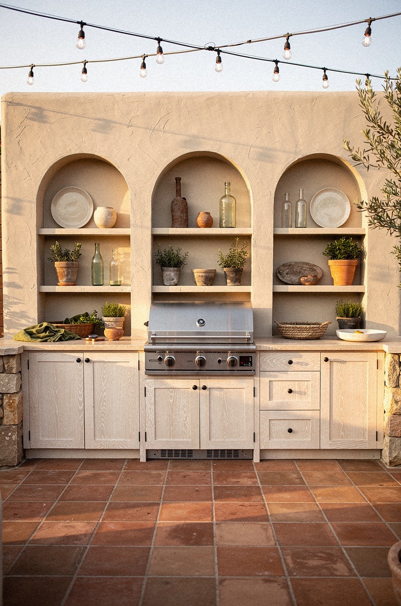 Build a stucco grill wall with arched niches