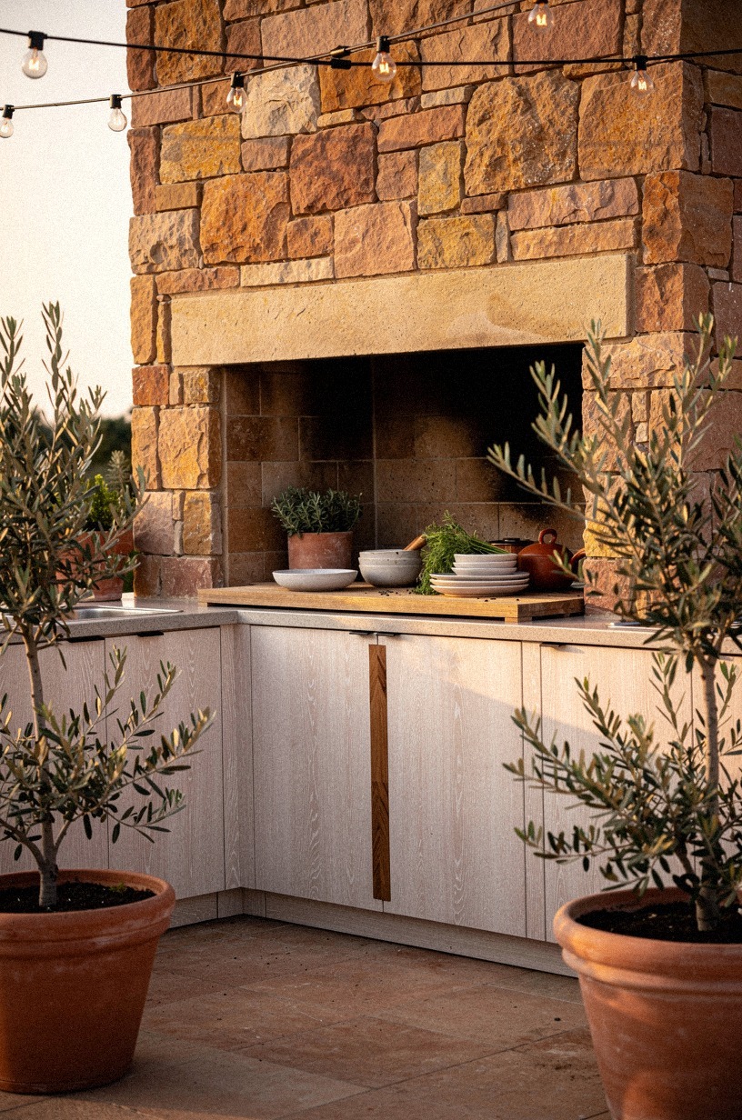 Open the corner with a limestone grill wall