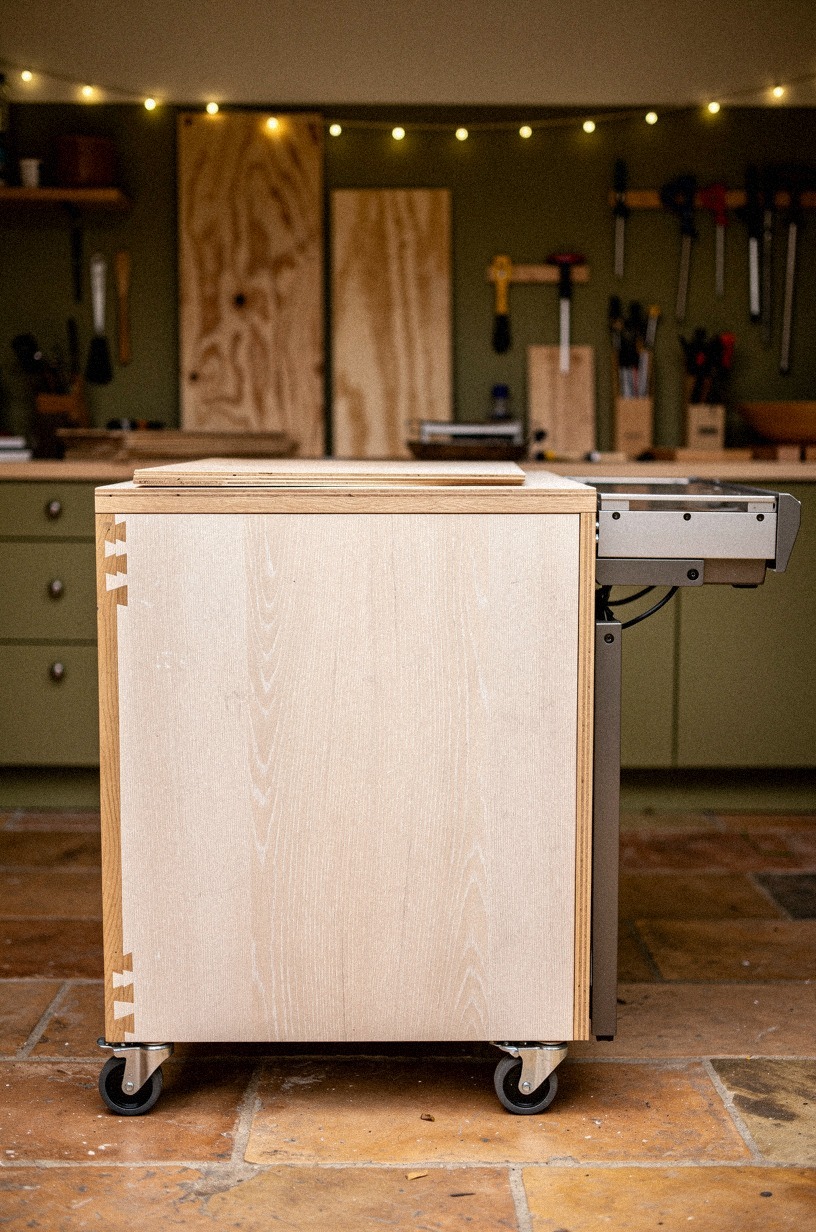 Sketch a rolling grill cart from plywood