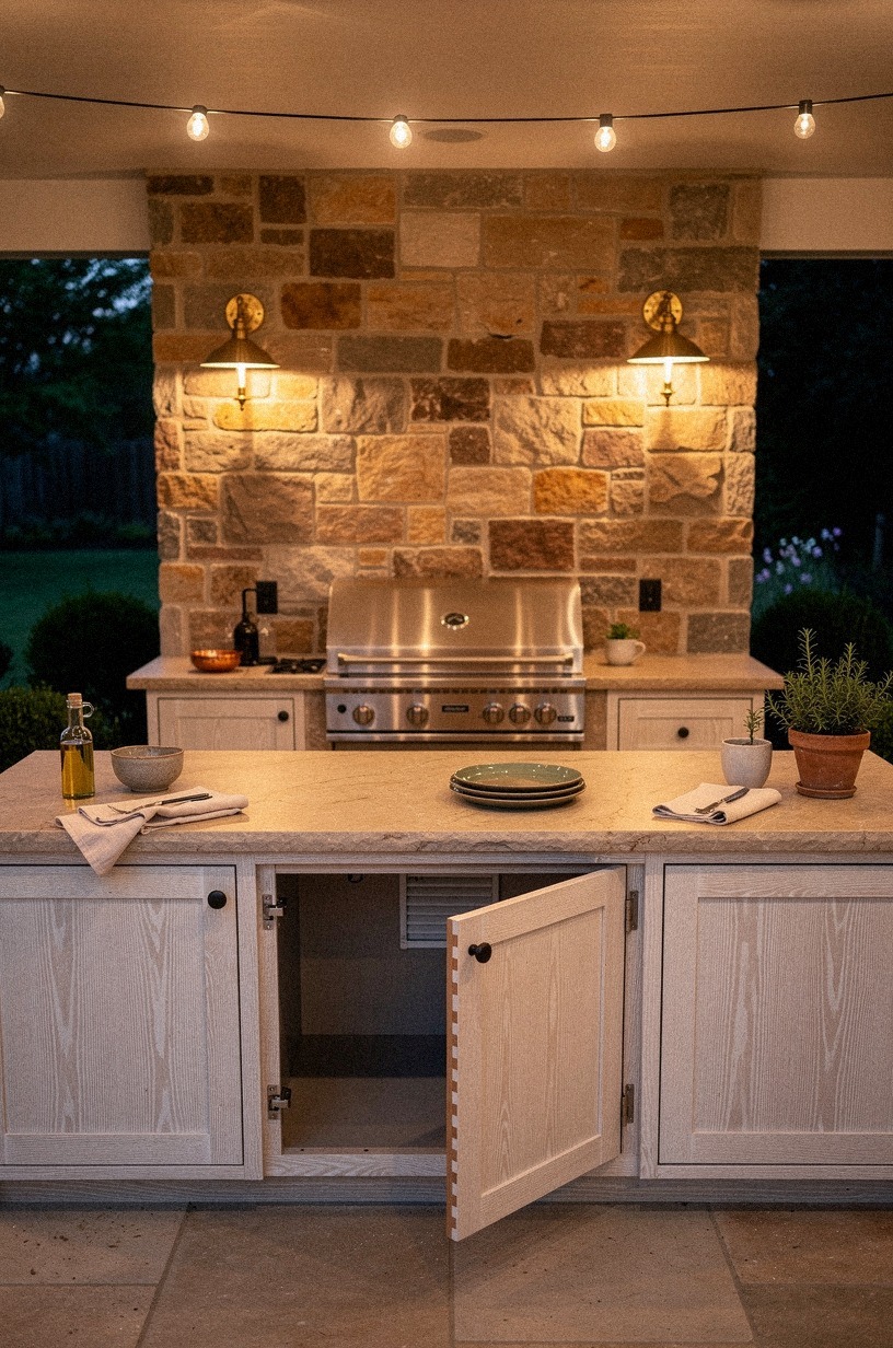 Hang brass sconces above the grill wall