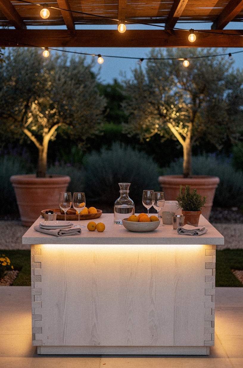 Anchor the bar with a teak island under the pergola