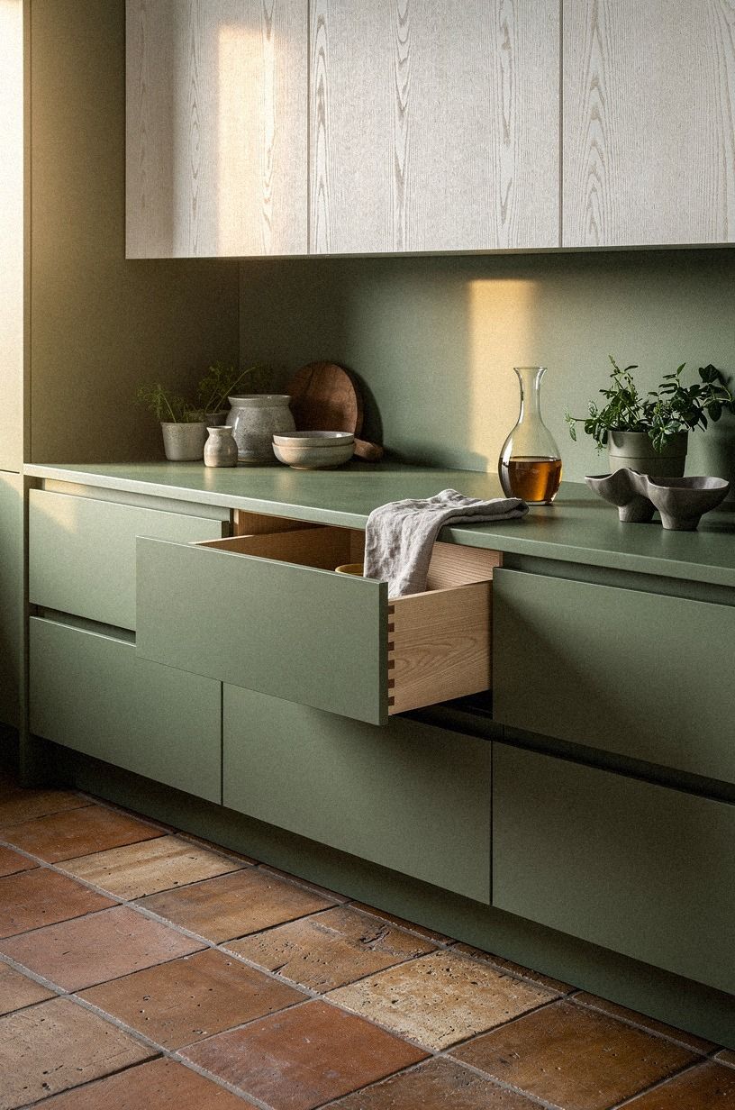 Start with sage lower cabinets