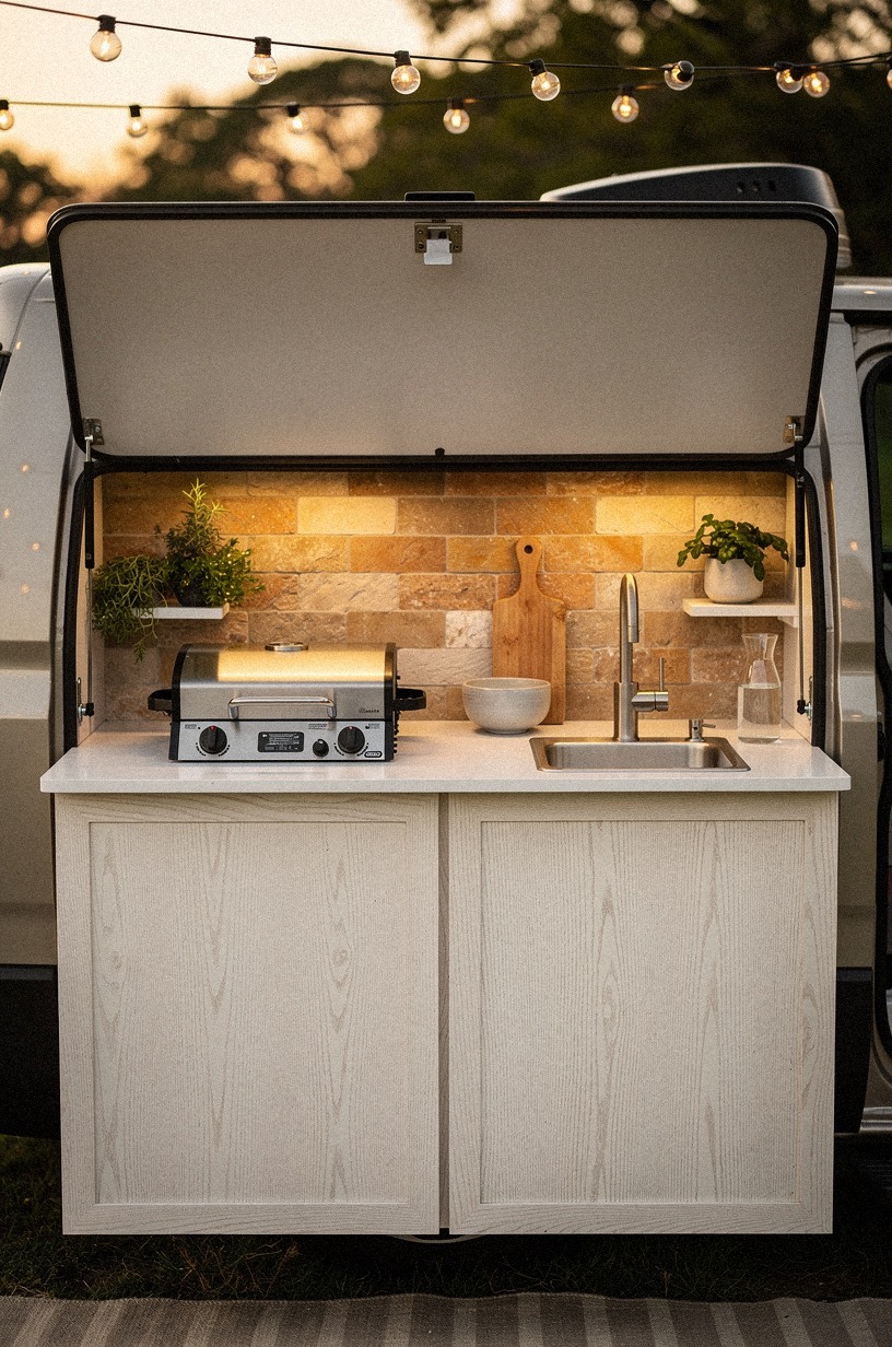 Unfold a side hatch into a prep counter