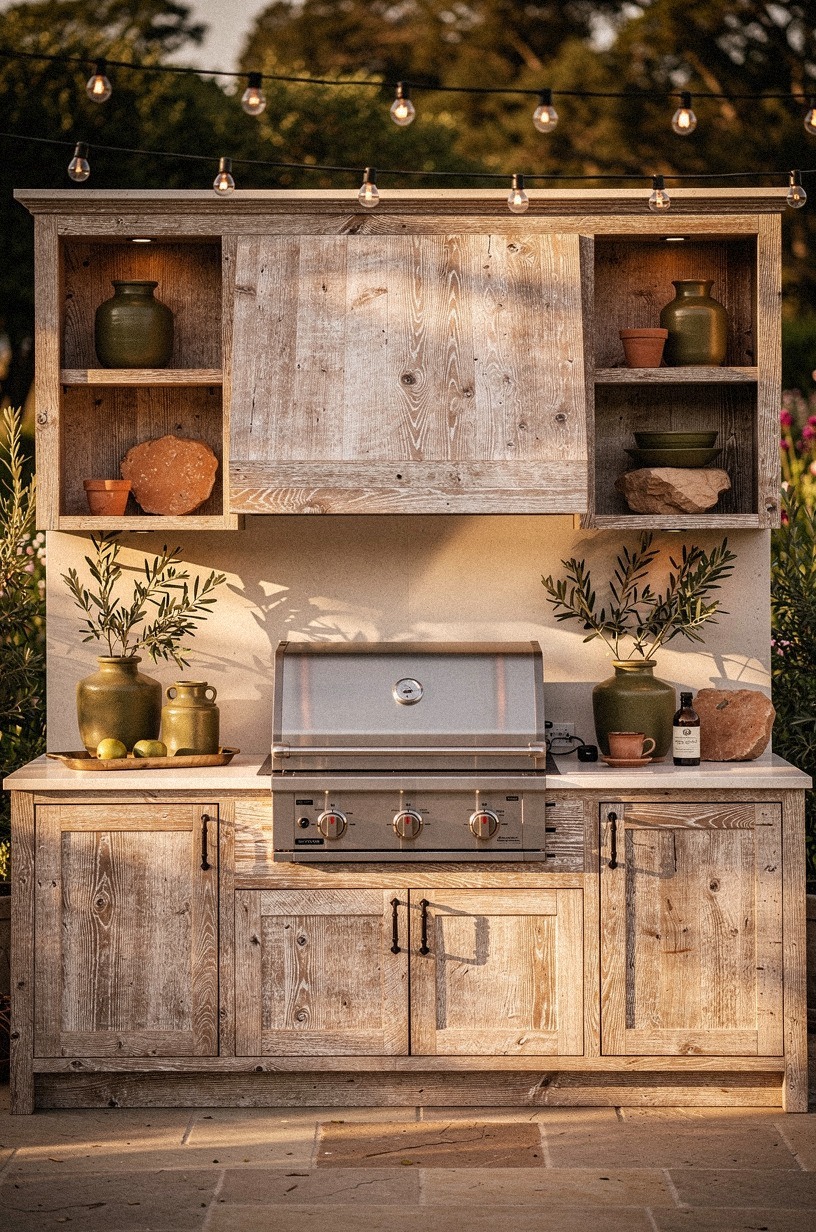 Start with a reclaimed wood grill wall