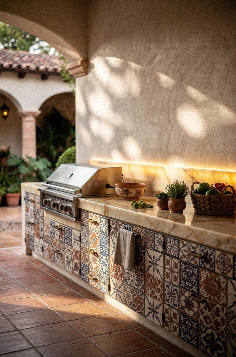 Anchor the kitchen with Talavera tile counters