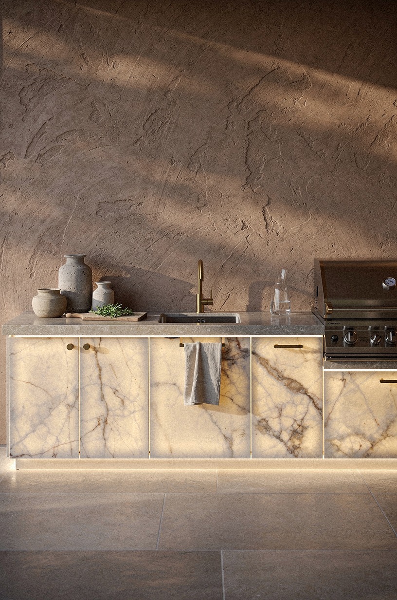 Run LED strips beneath the stone counter (The Runway Glow Rule)