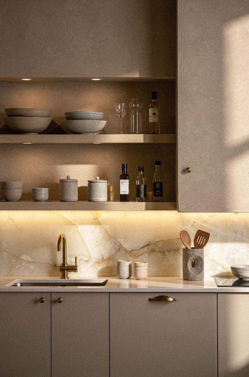 Anchor open shelves beside the range hood