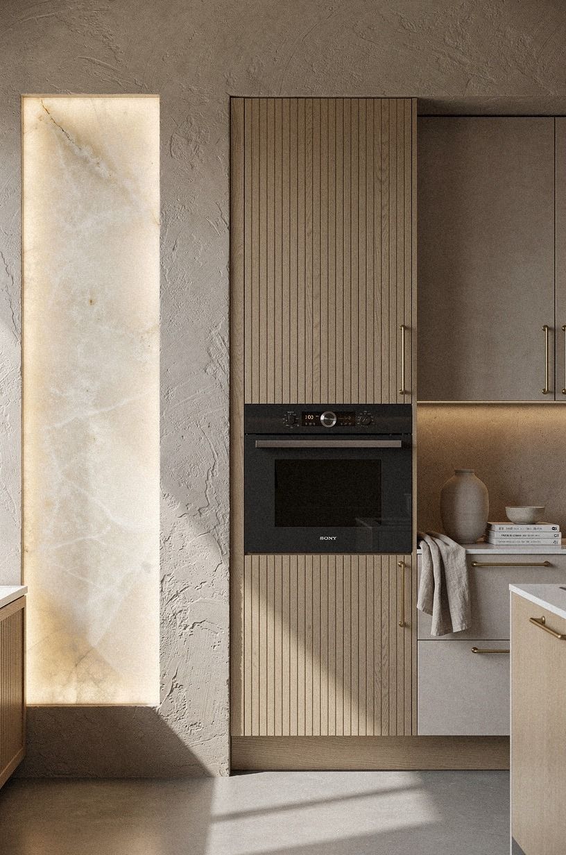 Frame the microwave inside fluted oak panels