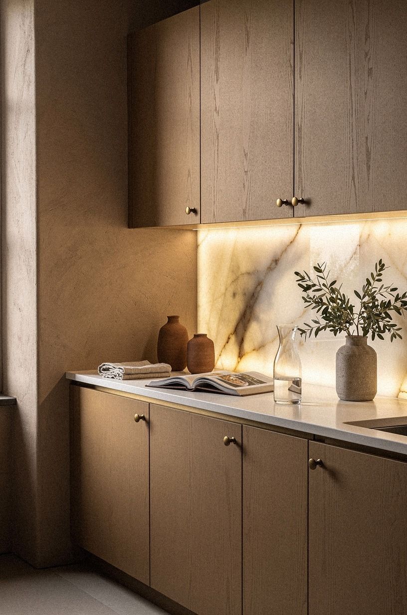 Pair flat oak doors with slab counters