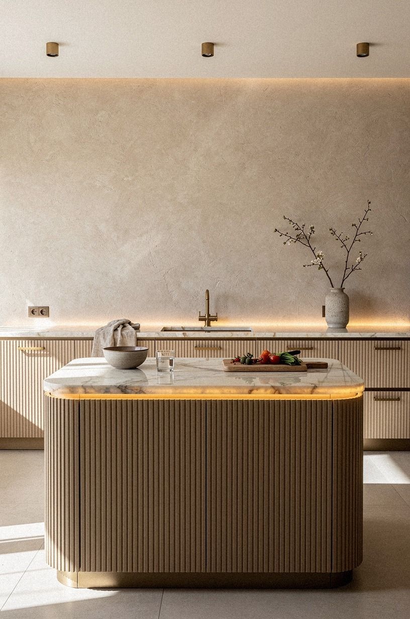 Wrap the island with fluted cabinet panels