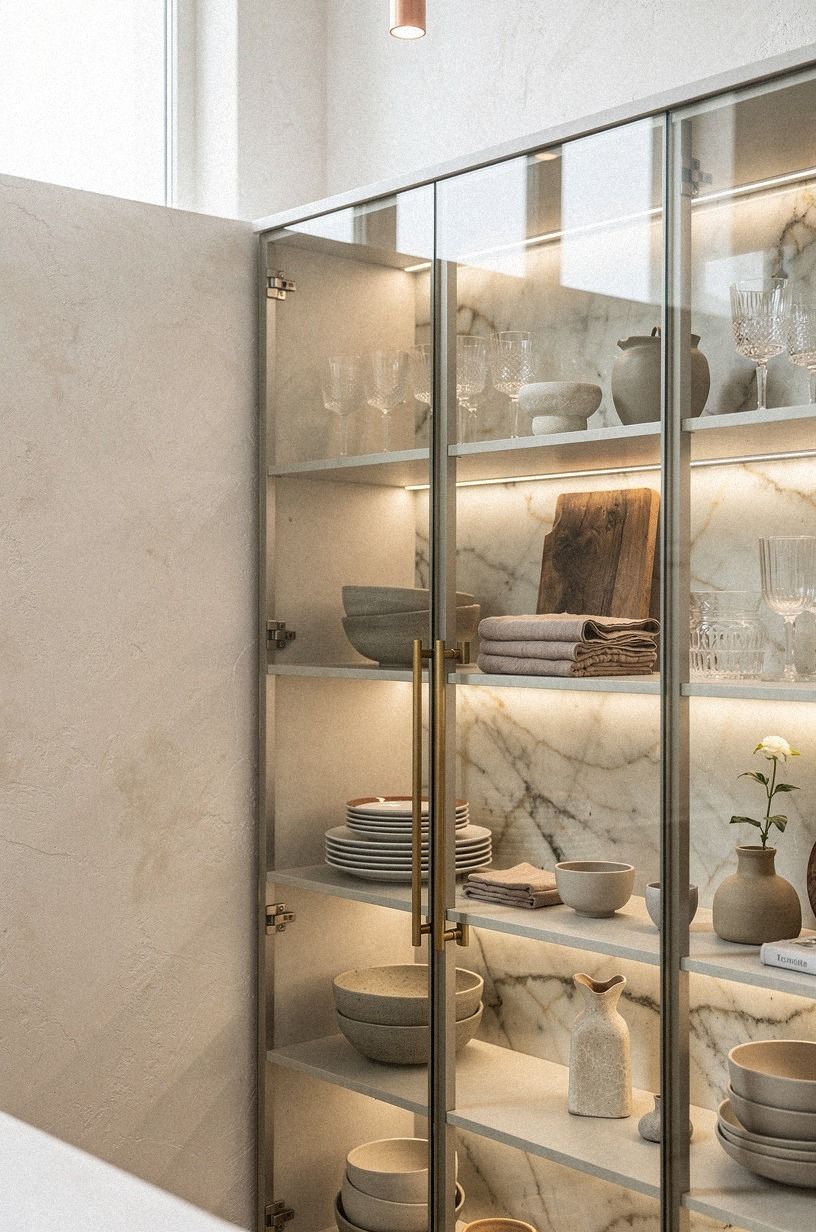 Light the cabinet interiors with slim LED strips