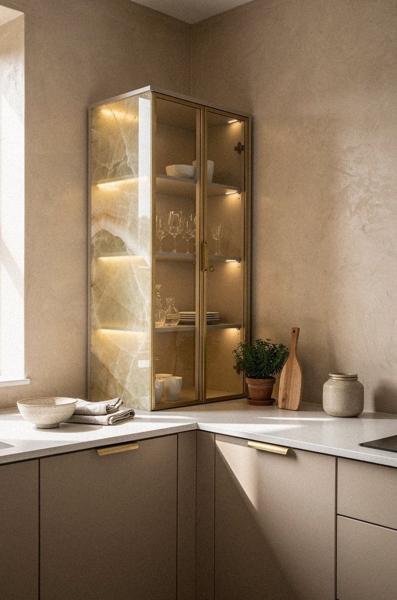 Anchor the corner with a diagonal glass cabinet