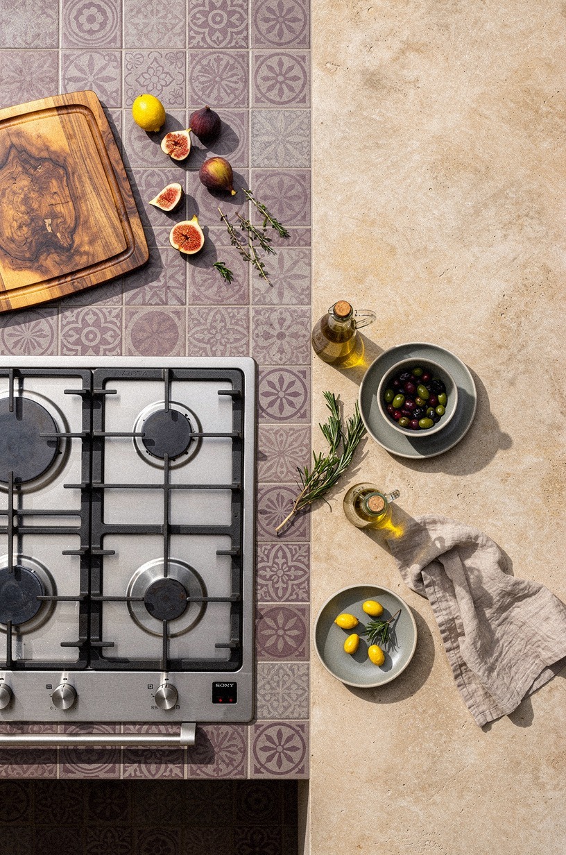 Run hand painted tile behind the cooktop