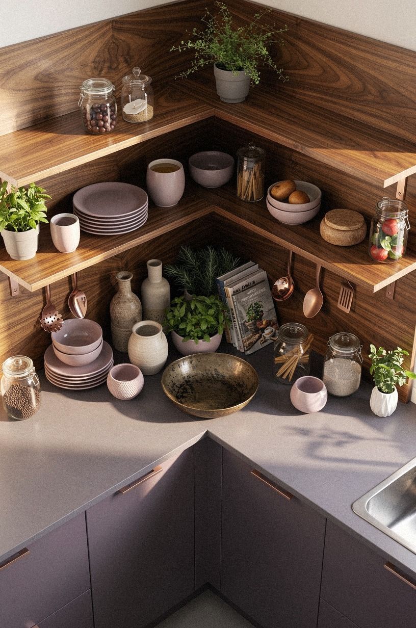 Run corner shelves around the backsplash