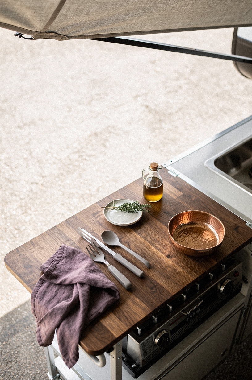 Roll out a butcher block cart under awning
