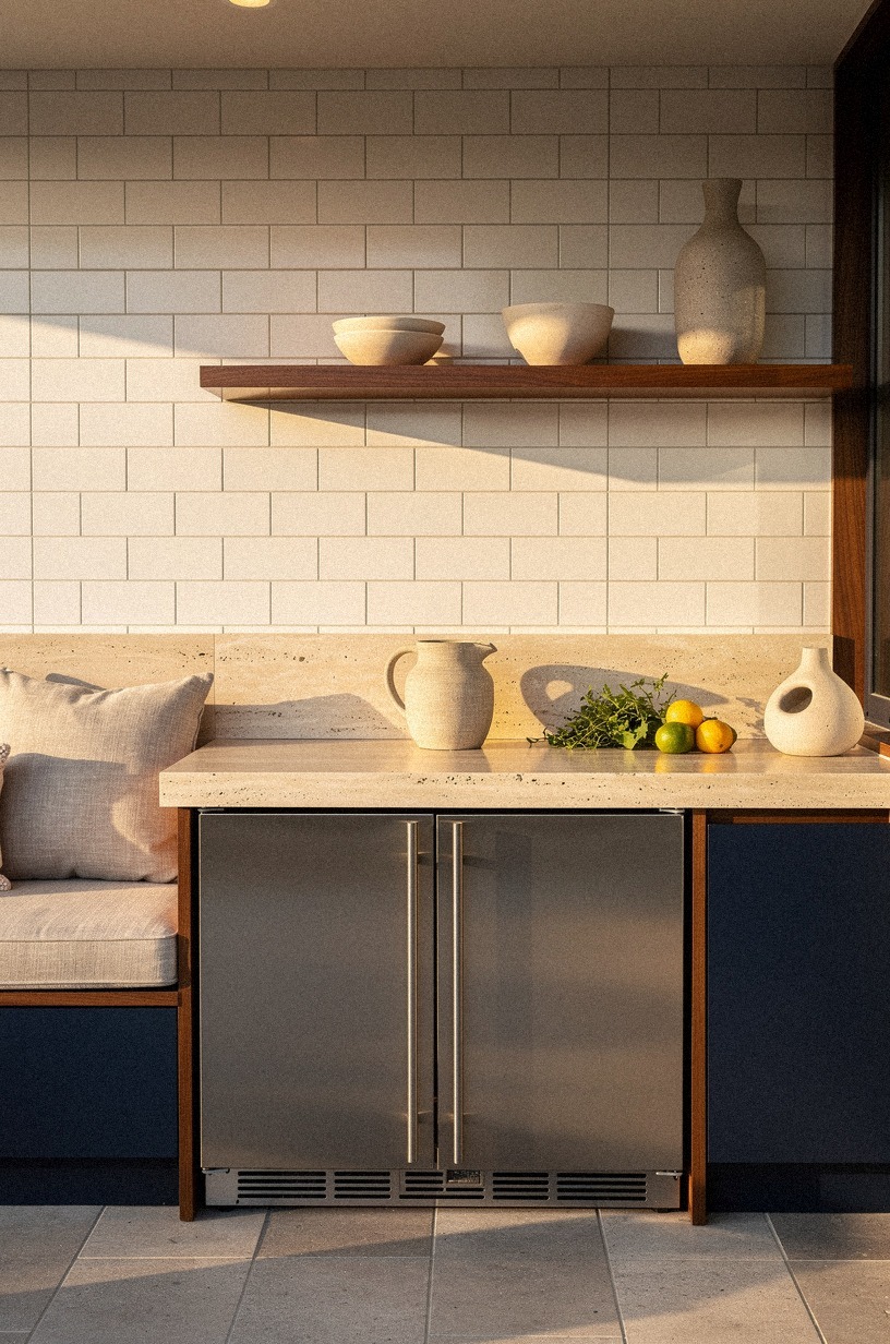 Wrap concrete counters around stainless storage doors