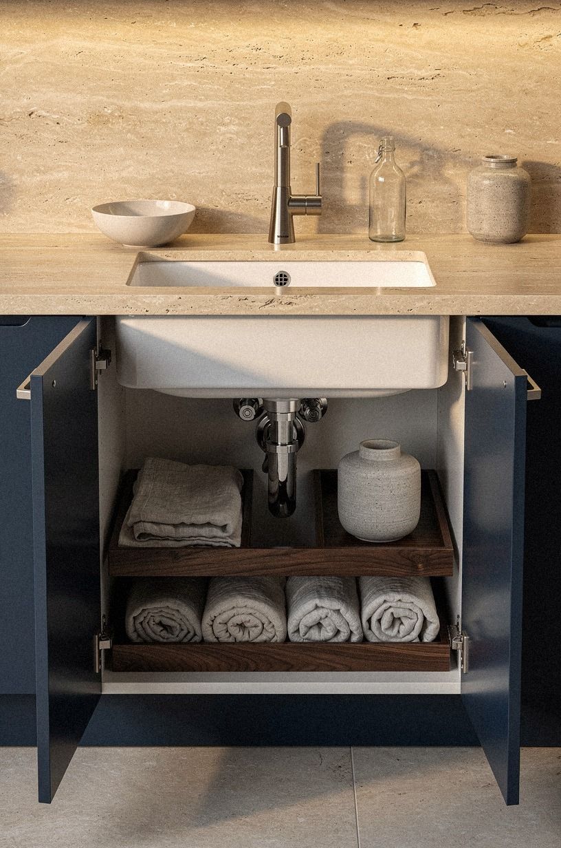 Build a U-shaped shelf around plumbing