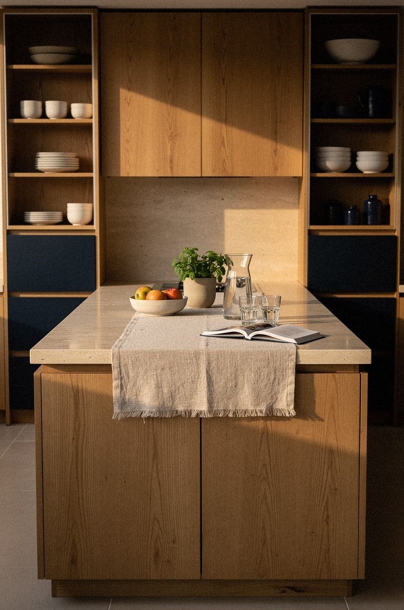 Wrap the island in matching oak panels