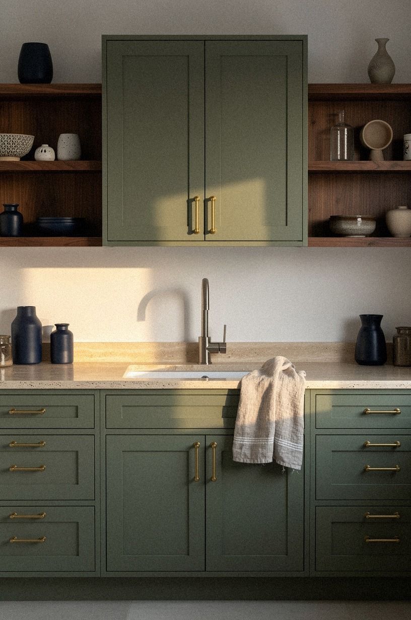 Layer brass pulls on muted green fronts