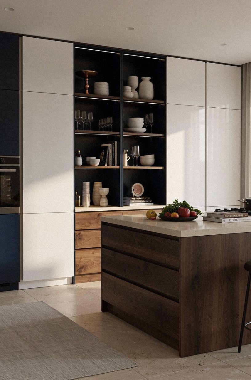 Mix walnut drawers with glossy white towers