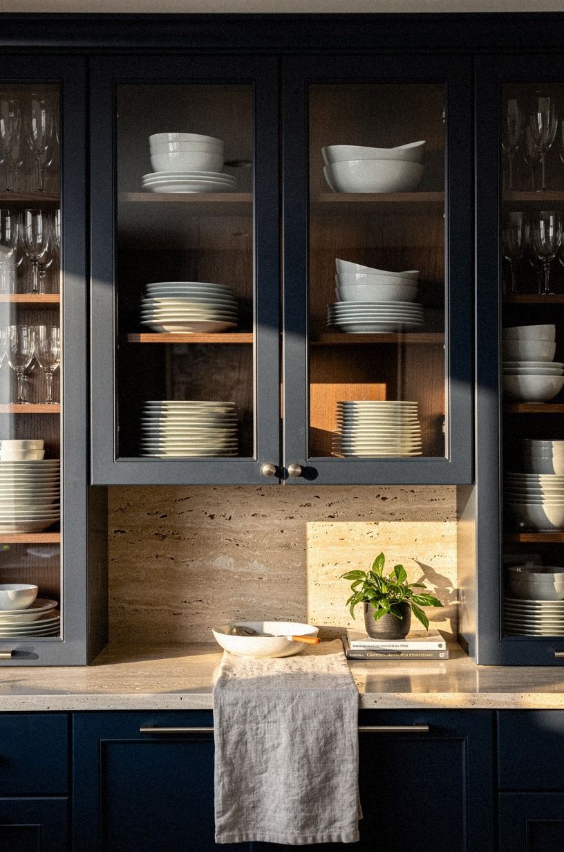 Stack white dishes in symmetrical glass-front towers