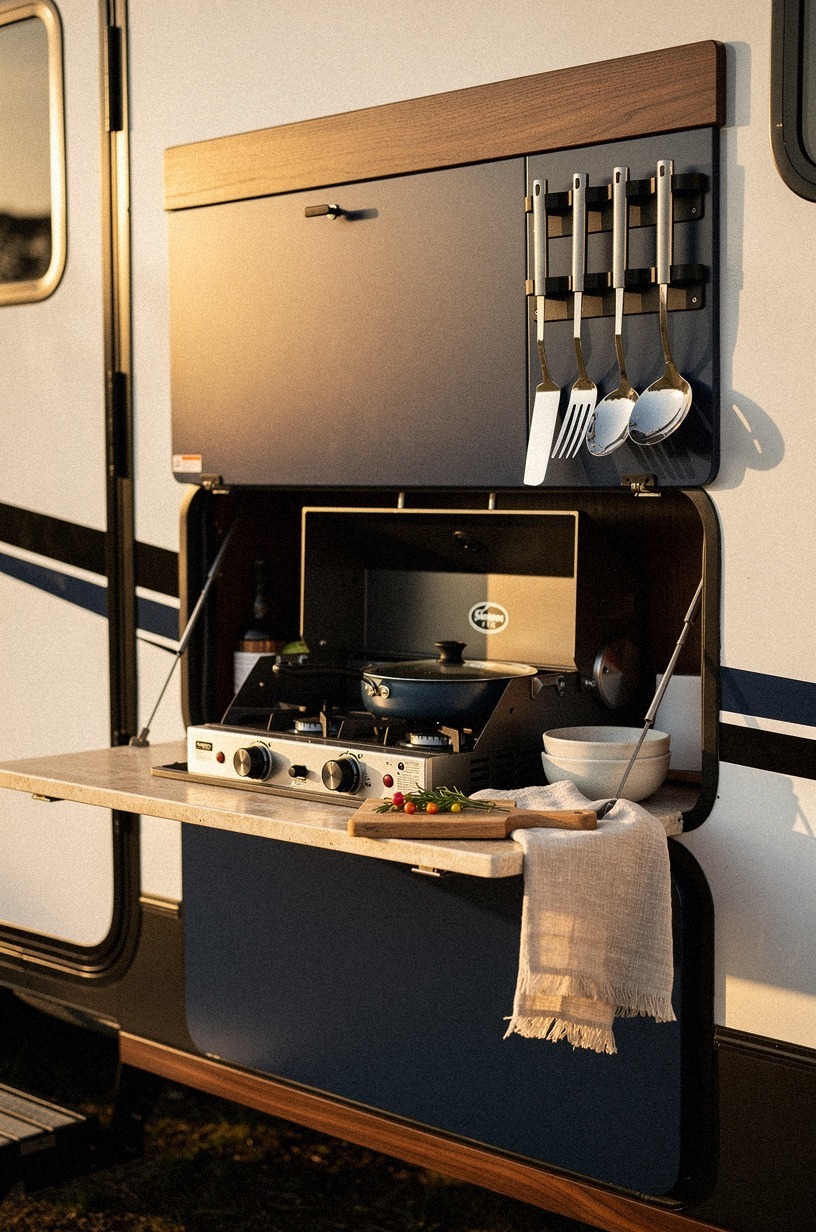 Mount magnetic utensil strips on the exterior panel