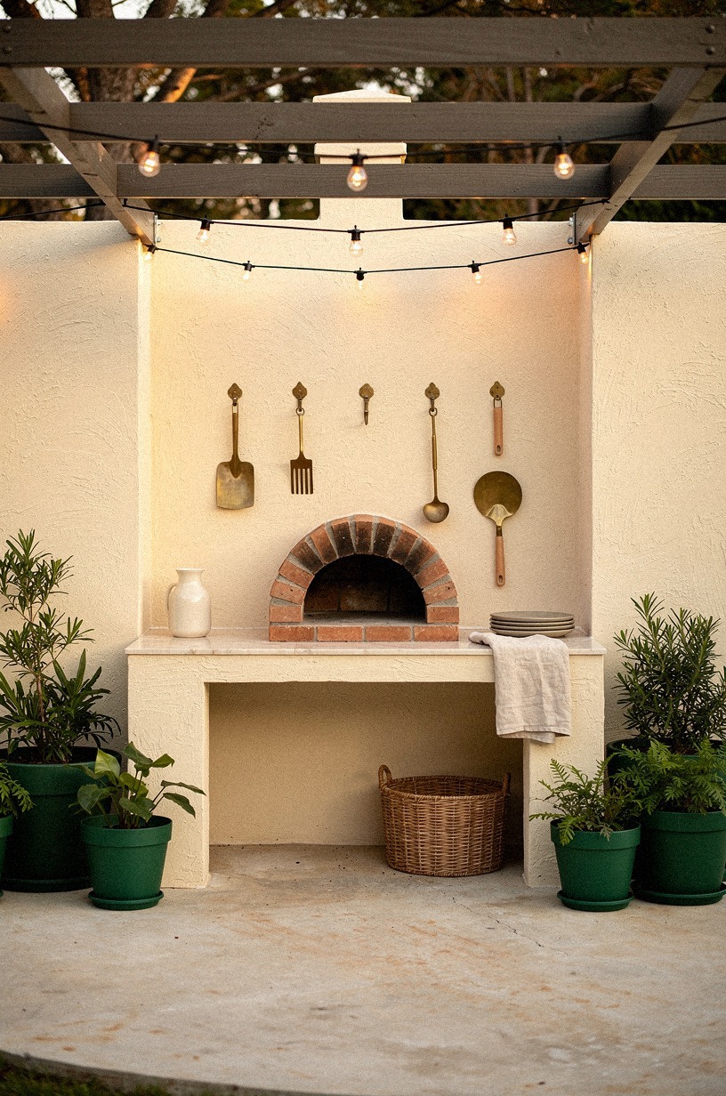 Build a brick pizza station under pergola beams