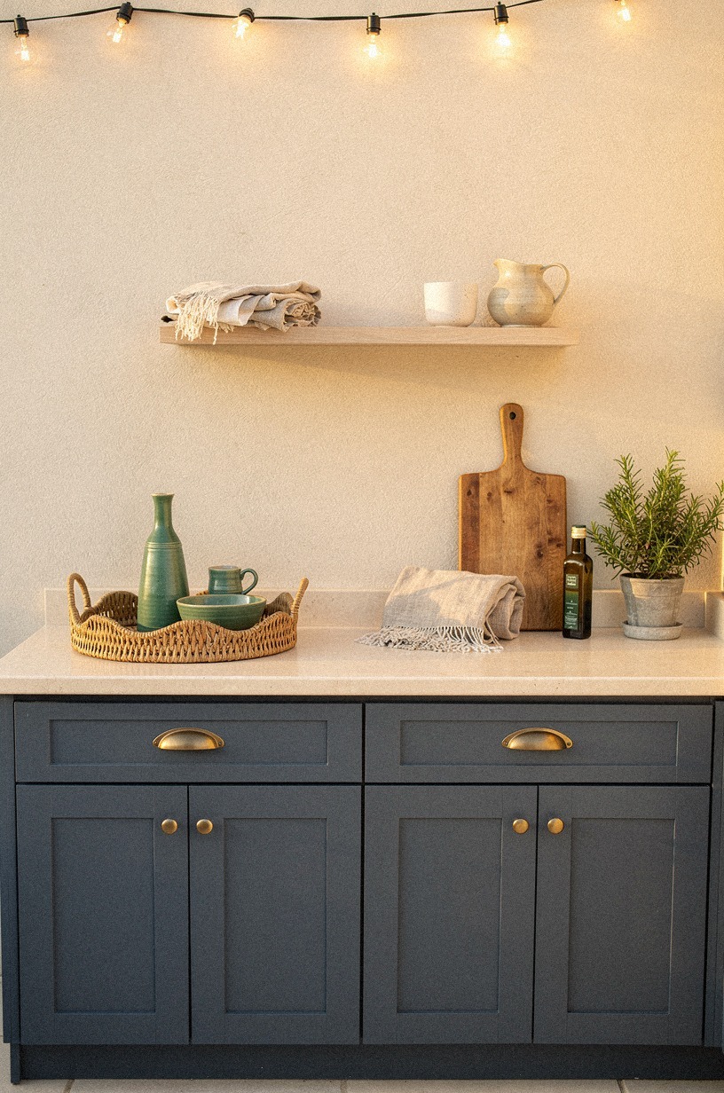 Install navy cabinets under brass pulls