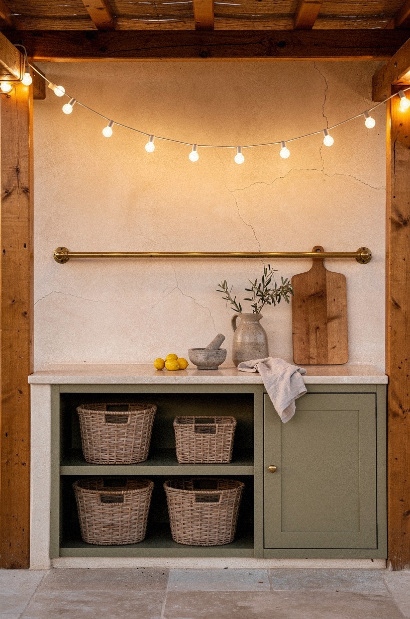 Frame the prep zone with olive wood beams