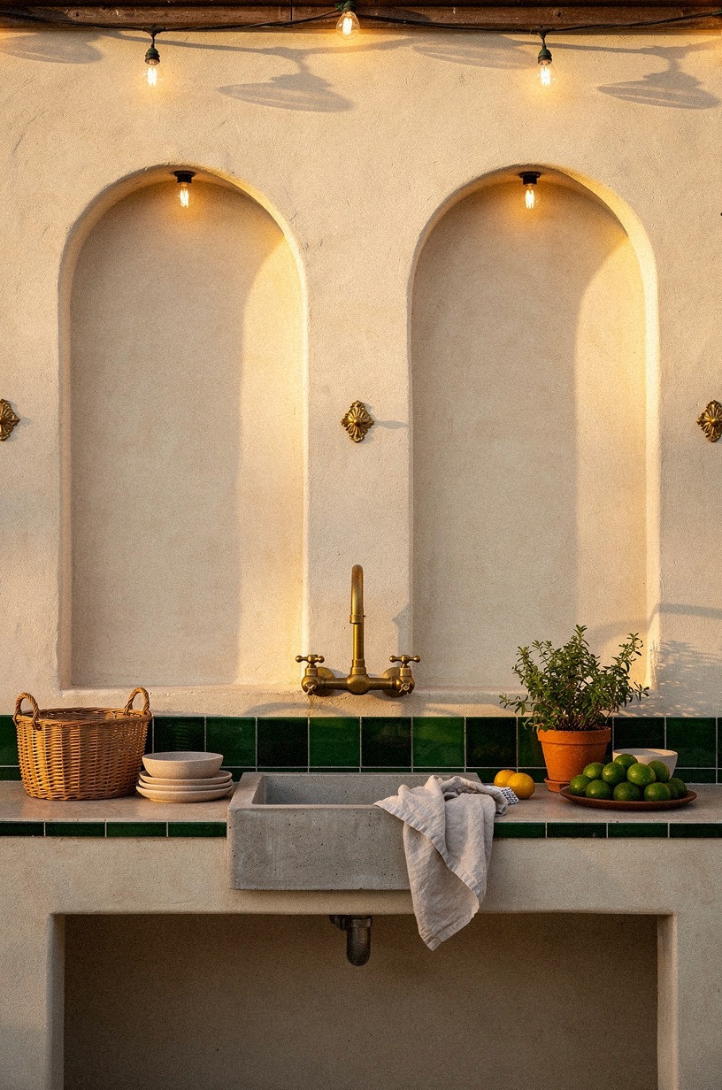 Frame the sink with arched stucco niches