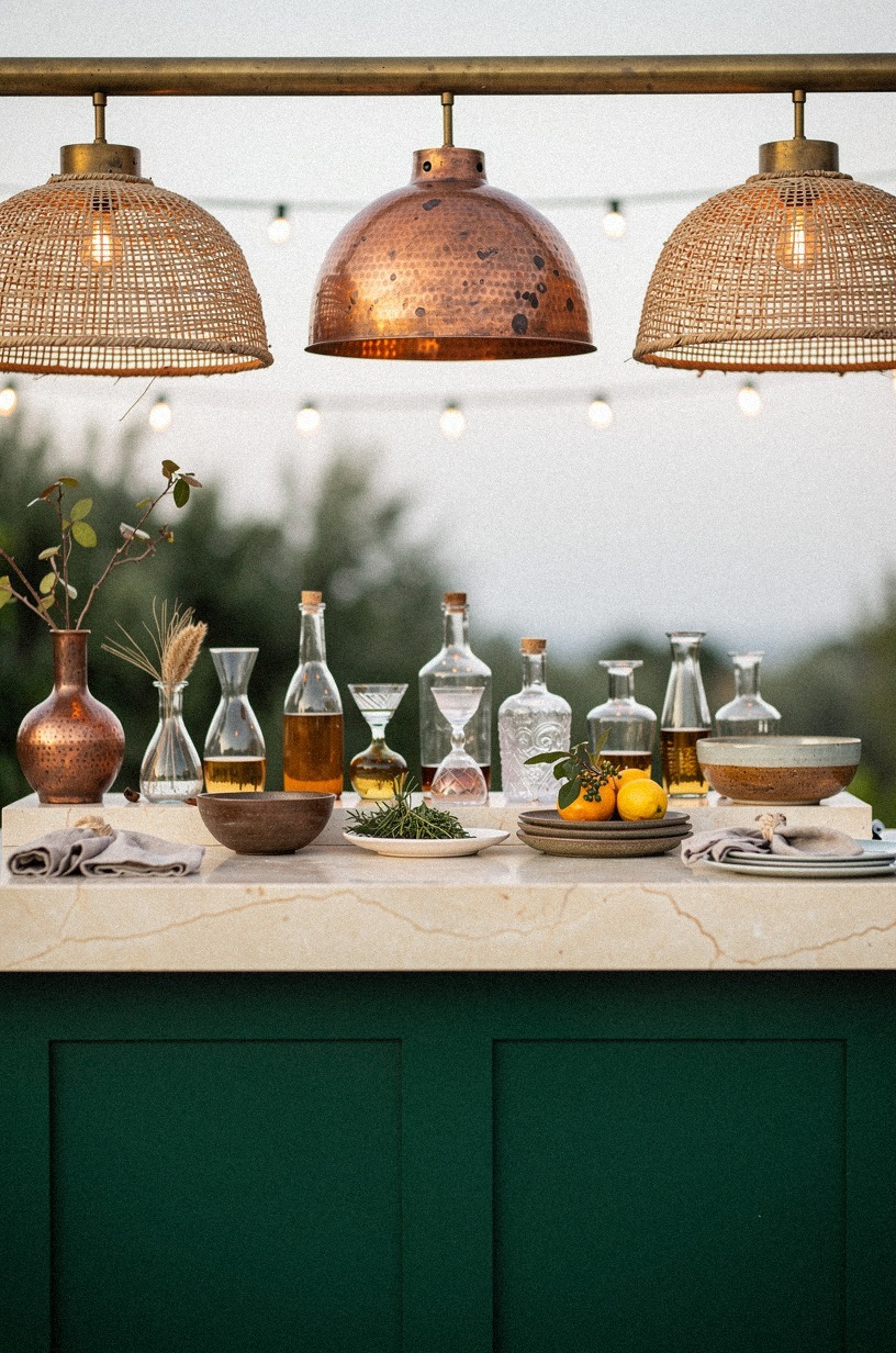 Hang copper pendants above the cocktail station