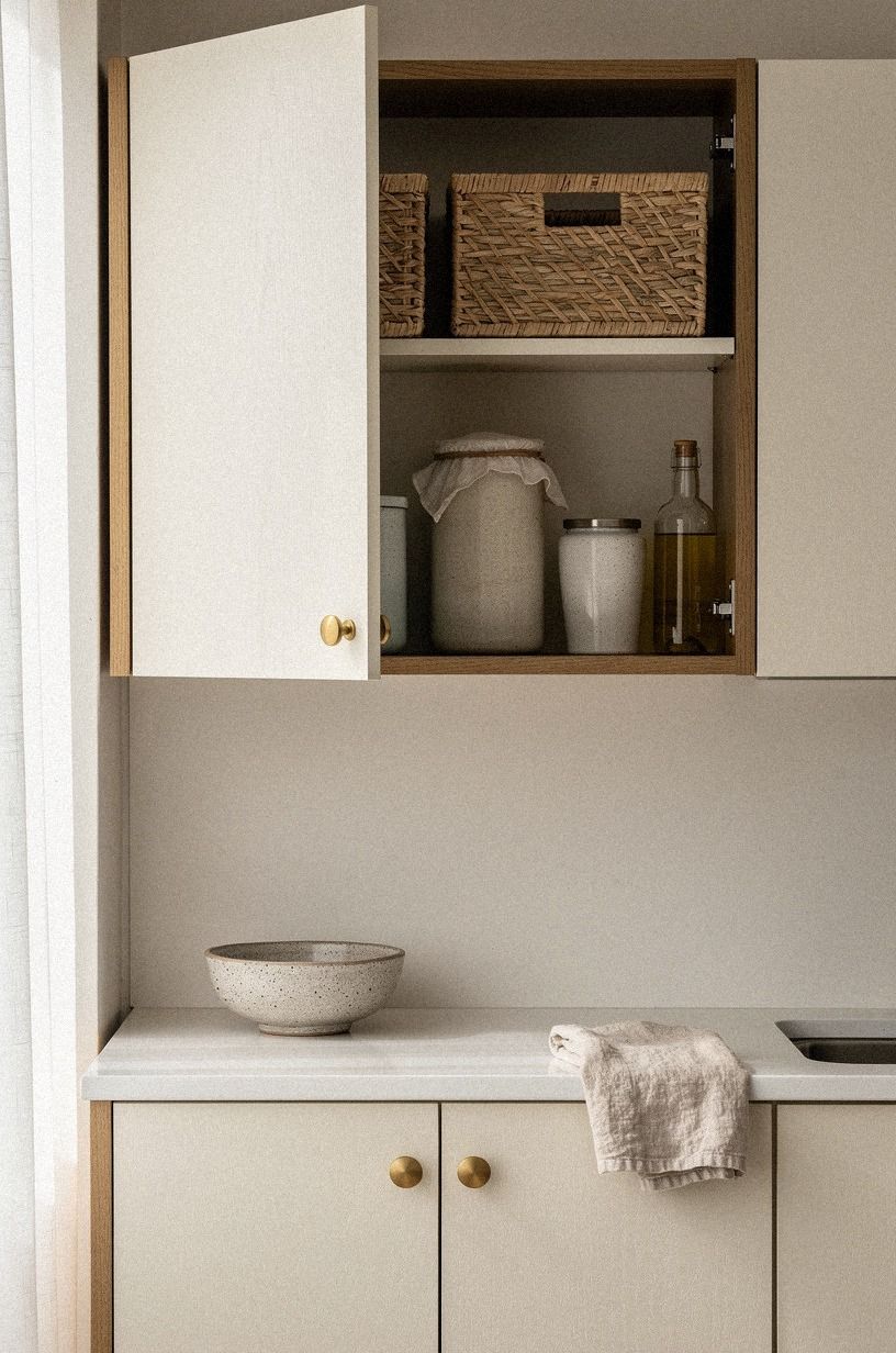 Frame the pantry cabinet with warm oak trim