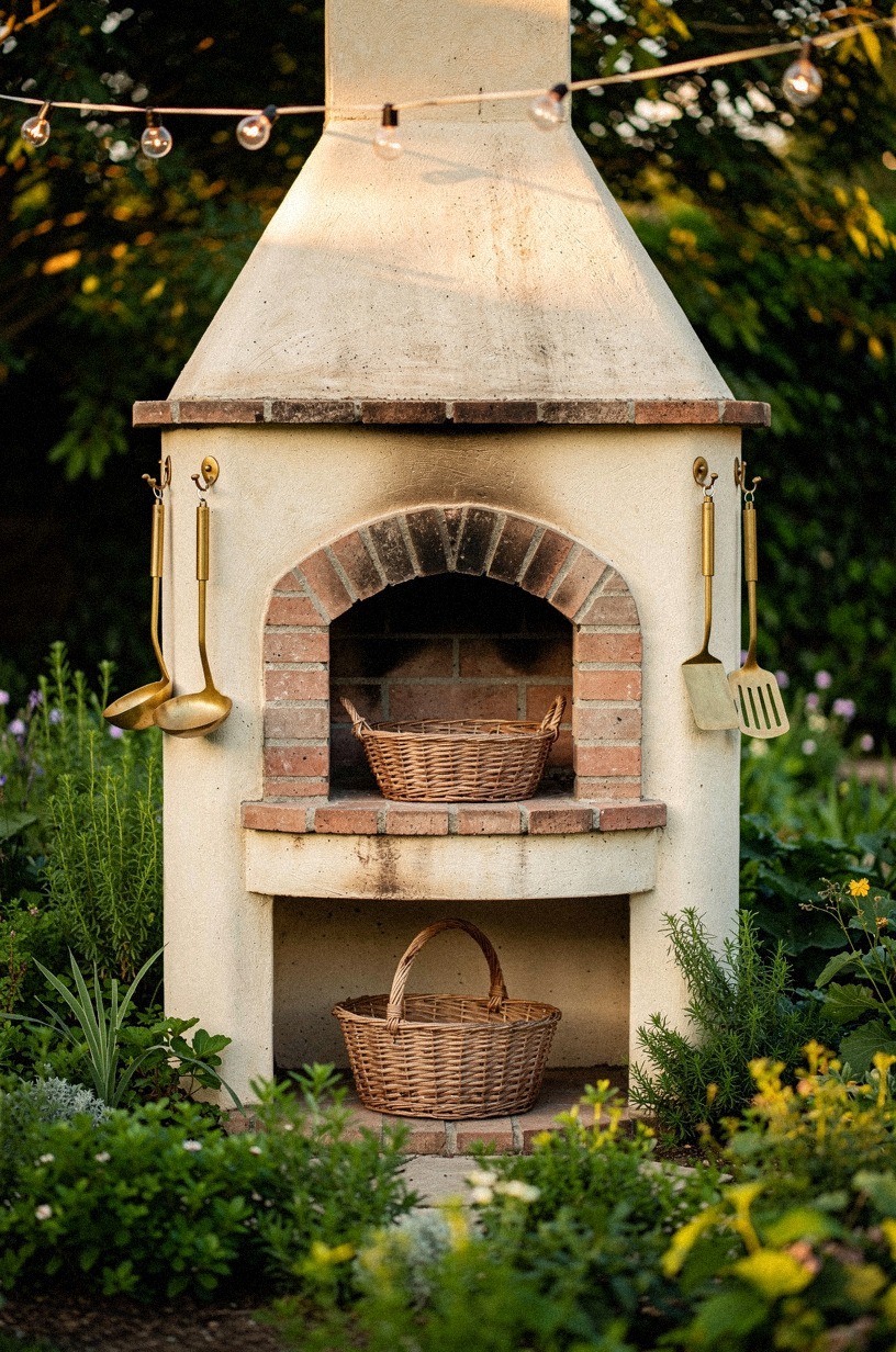 Where should a brick oven sit beside the garden?
