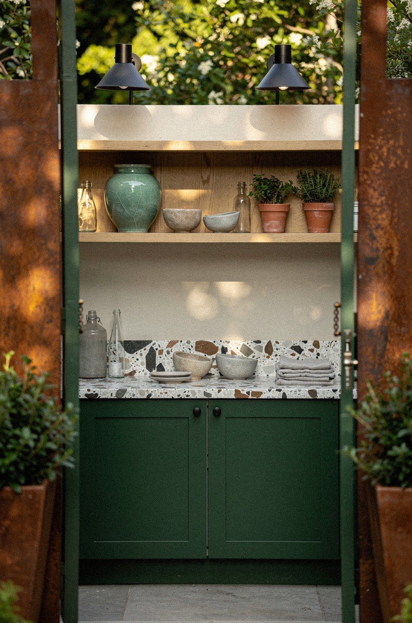 Hang matte black sconces above the counter