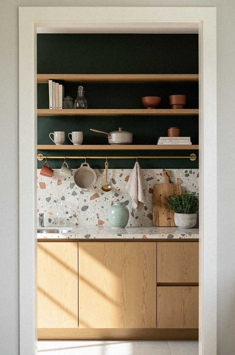 Hang brass rails under the lowest shelf