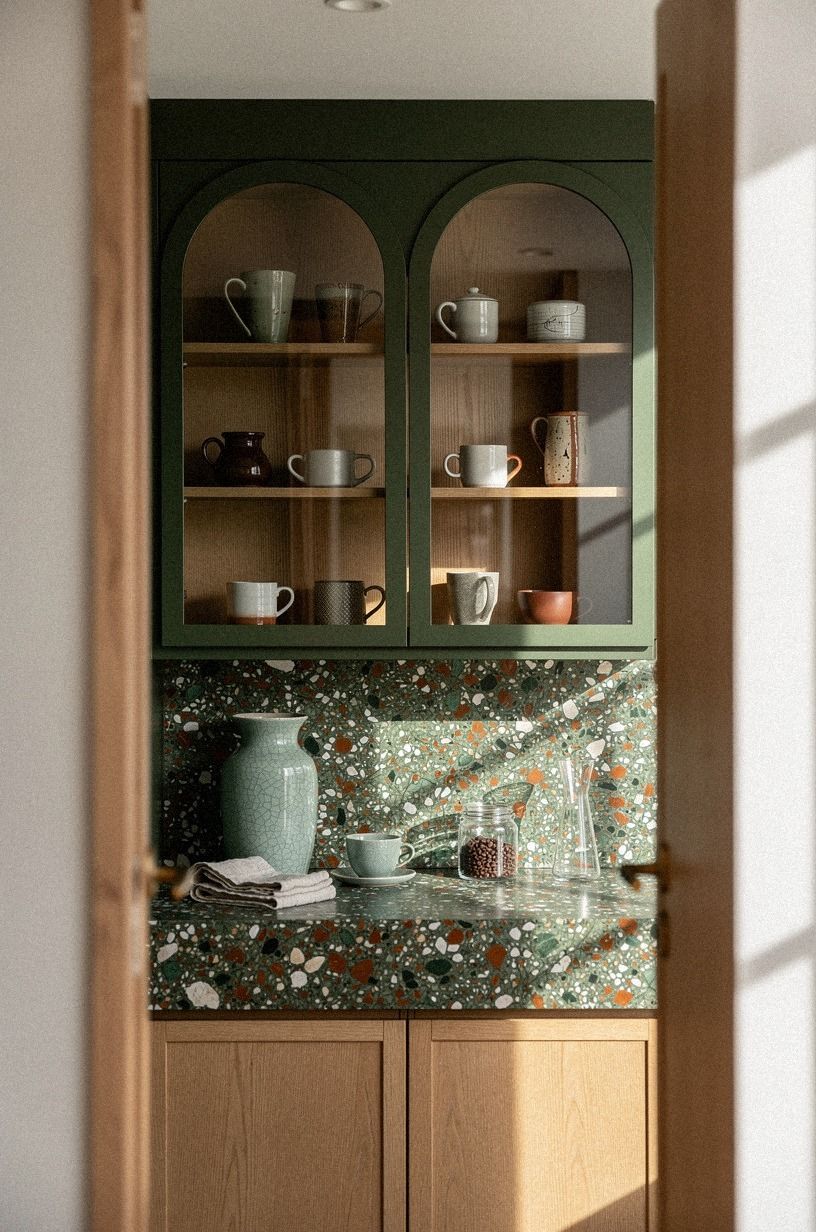 Reserve arched glass doors for the coffee station