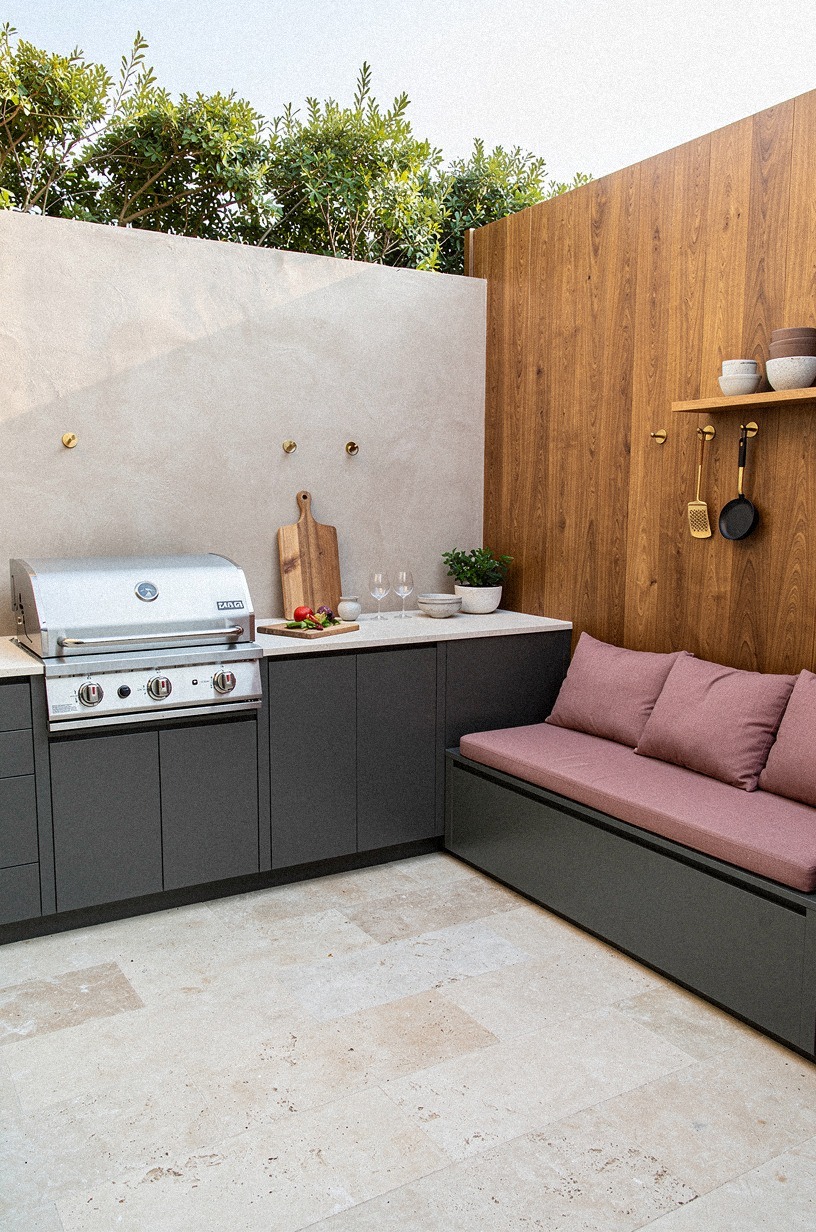 Layer limestone pavers beneath the cooking zone